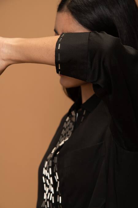 Khajoor Studio Black Linen Embroidery Collared Night Wink Embellished Tunic at Aza Fashions Khajoor Studio_Black Linen Embroidery Collared Night Wink Embellished Tunic _at_Aza_Fashions