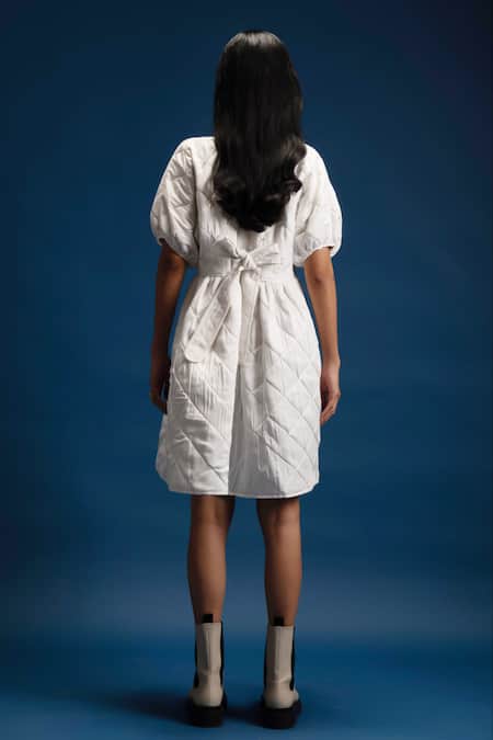 Shop Khajoor Studio White Beads Round Neck Baby Embellished Quilted Dress at Aza Fashions Shop_Khajoor Studio_White Beads Round Neck Baby Embellished Quilted Dress _at_Aza_Fashions