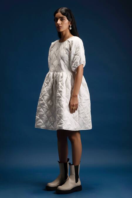 Khajoor Studio White Beads Round Neck Baby Embellished Quilted Dress Online at Aza Fashions Khajoor Studio_White Beads Round Neck Baby Embellished Quilted Dress _Online_at_Aza_Fashions
