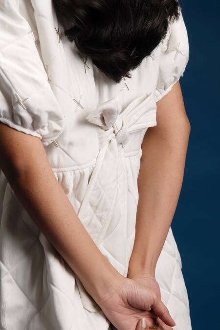 Shop Khajoor Studio White Beads Round Neck Baby Embellished Quilted Dress Online at Aza Fashions Shop_Khajoor Studio_White Beads Round Neck Baby Embellished Quilted Dress _Online_at_Aza_Fashions