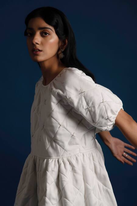 Khajoor Studio White Beads Round Neck Baby Embellished Quilted Dress at Aza Fashions Khajoor Studio_White Beads Round Neck Baby Embellished Quilted Dress _at_Aza_Fashions