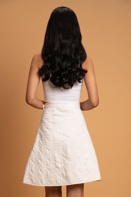 Shop Khajoor Studio White Linen Beads Snow Quilted Skirt at Aza Fashions Shop_Khajoor Studio_White Linen Beads Snow Quilted Skirt _at_Aza_Fashions