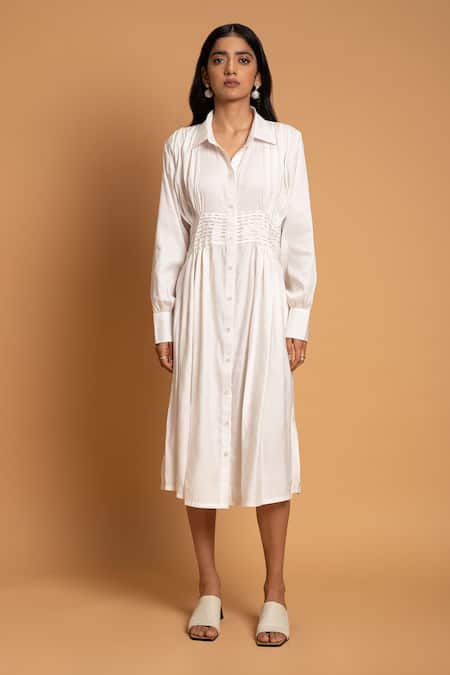 Khajoor Studio White Linen Beads Shawl Neck Vanilla Sky Embellished Dress 