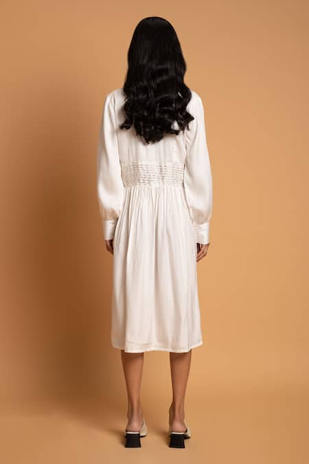 Shop Khajoor Studio White Linen Beads Shawl Neck Vanilla Sky Embellished Dress at Aza Fashions Shop_Khajoor Studio_White Linen Beads Shawl Neck Vanilla Sky Embellished Dress _at_Aza_Fashions