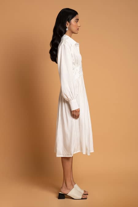 Khajoor Studio White Linen Beads Shawl Neck Vanilla Sky Embellished Dress Online at Aza Fashions Khajoor Studio_White Linen Beads Shawl Neck Vanilla Sky Embellished Dress _Online_at_Aza_Fashions