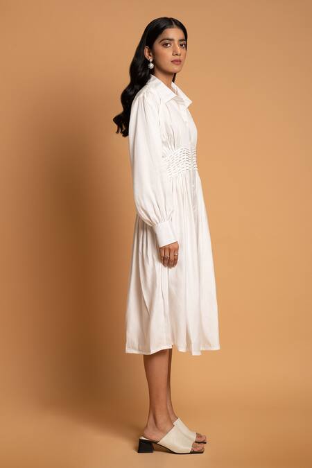 Buy Khajoor Studio White Linen Beads Shawl Neck Vanilla Sky Embellished Dress Online at Aza Fashions Buy_Khajoor Studio_White Linen Beads Shawl Neck Vanilla Sky Embellished Dress _Online_at_Aza_Fashions