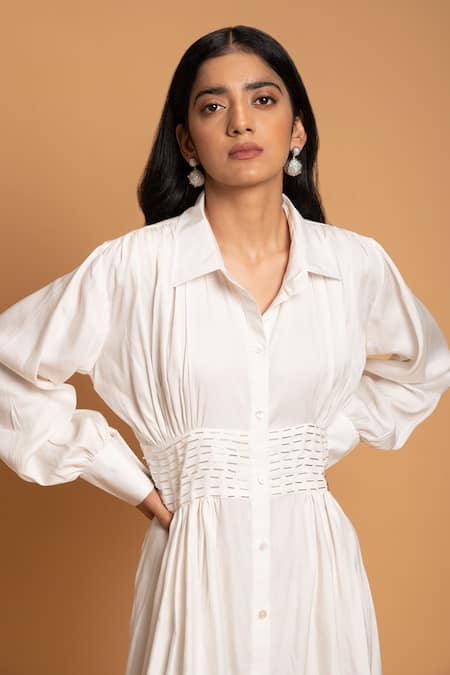 Shop Khajoor Studio White Linen Beads Shawl Neck Vanilla Sky Embellished Dress Online at Aza Fashions Shop_Khajoor Studio_White Linen Beads Shawl Neck Vanilla Sky Embellished Dress _Online_at_Aza_Fashions
