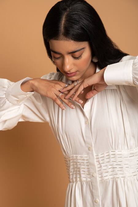 Buy Khajoor Studio White Linen Beads Shawl Neck Vanilla Sky Embellished Dress Buy_Khajoor Studio_White Linen Beads Shawl Neck Vanilla Sky Embellished Dress