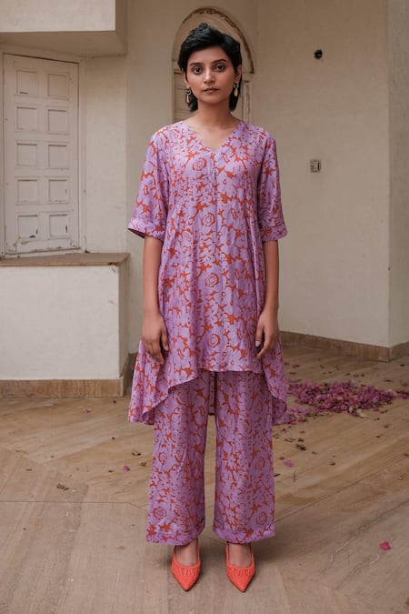 Khajoor Studio Purple Cupro Silk Printed Floret V Neck Asymmetric Tunic And Pant Set 