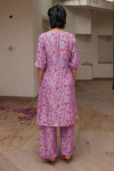Shop Khajoor Studio Purple Silk Embroidery V-neck Floret Print Asymmetric Tunic And Pant Set at Aza Fashions Shop_Khajoor Studio_Purple Silk Embroidery V-neck Floret Print Asymmetric Tunic And Pant Set _at_Aza_Fashions