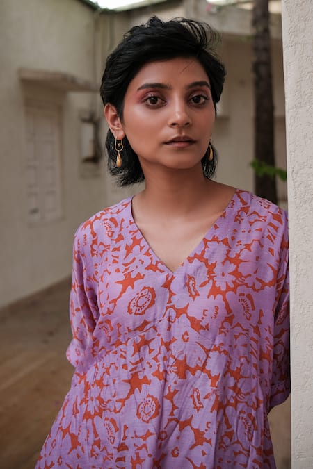 Buy Khajoor Studio Purple Silk Embroidery V-neck Floret Print Asymmetric Tunic And Pant Set Online at Aza Fashions Buy_Khajoor Studio_Purple Silk Embroidery V-neck Floret Print Asymmetric Tunic And Pant Set _Online_at_Aza_Fashions