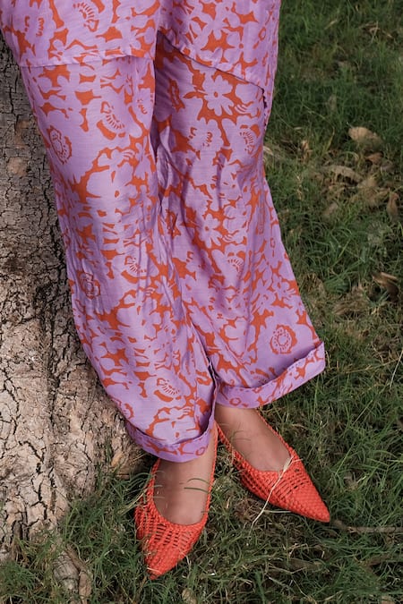 Khajoor Studio Purple Silk Embroidery V-neck Floret Print Asymmetric Tunic And Pant Set at Aza Fashions Khajoor Studio_Purple Silk Embroidery V-neck Floret Print Asymmetric Tunic And Pant Set _at_Aza_Fashions