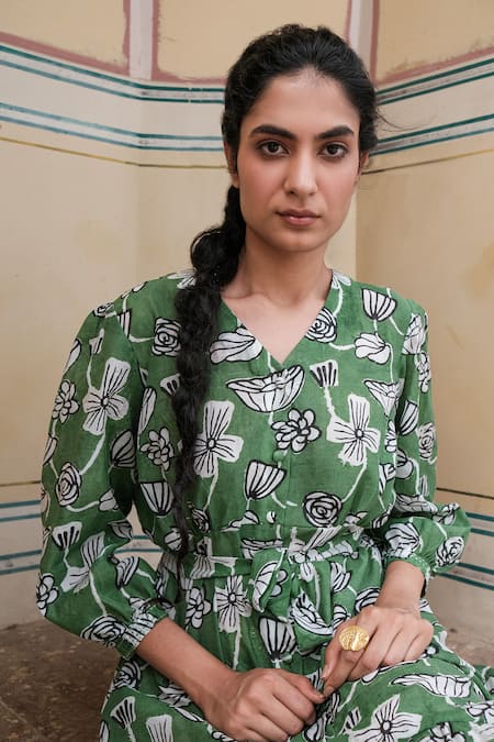 Shop Khajoor Studio White Silk V-neck Botanical Vine Print Midi Dress Online at Aza Fashions Shop_Khajoor Studio_White Silk V-neck Botanical Vine Print Midi Dress _Online_at_Aza_Fashions