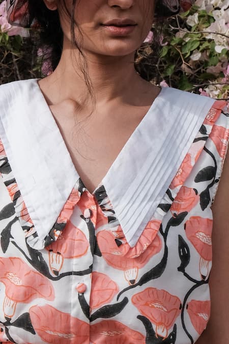 Khajoor Studio White Silk, Cotton Collared Floral Print Top And Skirt Co-ord Set Online at Aza Fashions Khajoor Studio_White Silk, Cotton Collared Floral Print Top And Skirt Co-ord Set _Online_at_Aza_Fashions