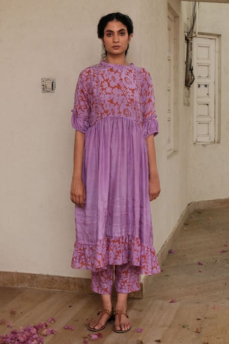 Khajoor Studio Purple Cupro Silk Printed Floret Round Yoke Dress 