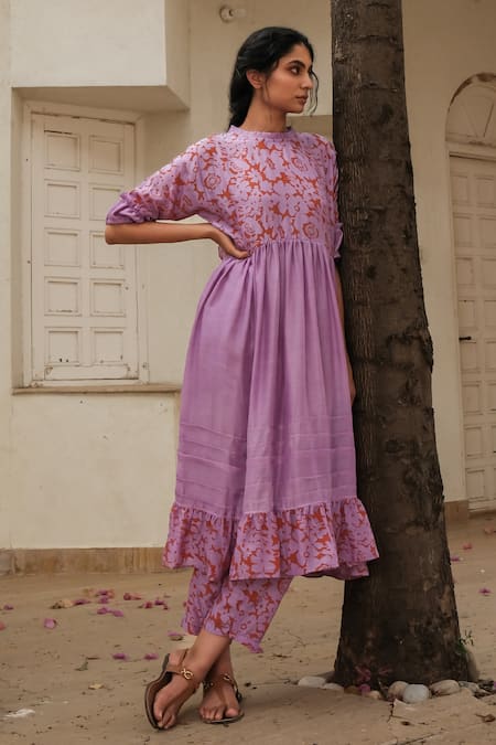 Khajoor Studio Purple Cupro Silk Printed Floret Round Tunic And Pant Set 