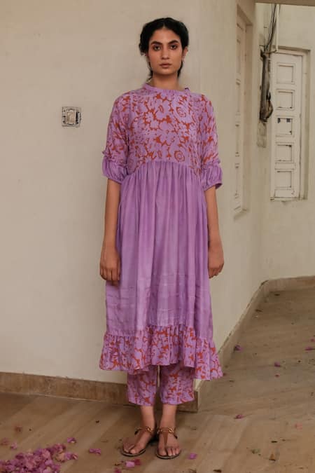 Shop Khajoor Studio Purple Silk Embroidery Round Neck Floret Print Tunic And Pant Set at Aza Fashions Shop_Khajoor Studio_Purple Silk Embroidery Round Neck Floret Print Tunic And Pant Set _at_Aza_Fashions