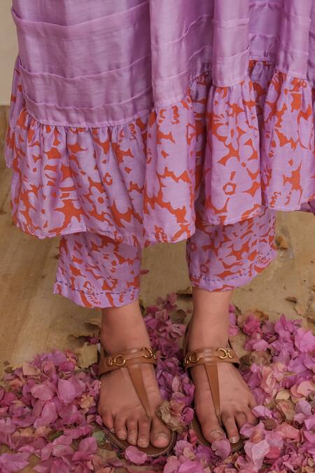 Khajoor Studio Purple Silk Embroidery Round Neck Floret Print Tunic And Pant Set Online at Aza Fashions Khajoor Studio_Purple Silk Embroidery Round Neck Floret Print Tunic And Pant Set _Online_at_Aza_Fashions