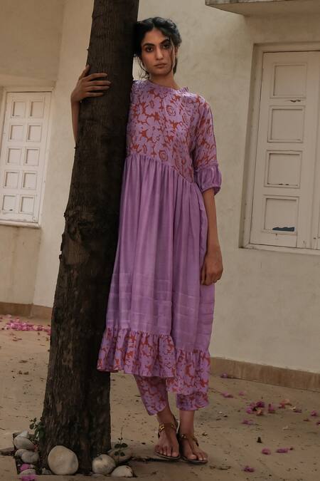 Shop Khajoor Studio Purple Silk Embroidery Round Neck Floret Print Tunic And Pant Set Online at Aza Fashions Shop_Khajoor Studio_Purple Silk Embroidery Round Neck Floret Print Tunic And Pant Set _Online_at_Aza_Fashions