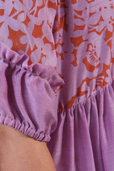 Khajoor Studio Purple Silk Embroidery Round Neck Floret Print Tunic And Pant Set at Aza Fashions Khajoor Studio_Purple Silk Embroidery Round Neck Floret Print Tunic And Pant Set _at_Aza_Fashions