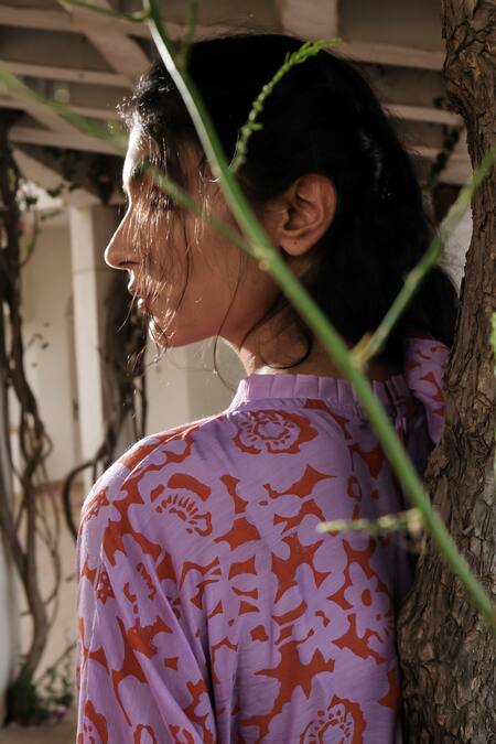 Buy Khajoor Studio Purple Silk Embroidery Round Neck Floret Print Tunic And Pant Set Buy_Khajoor Studio_Purple Silk Embroidery Round Neck Floret Print Tunic And Pant Set