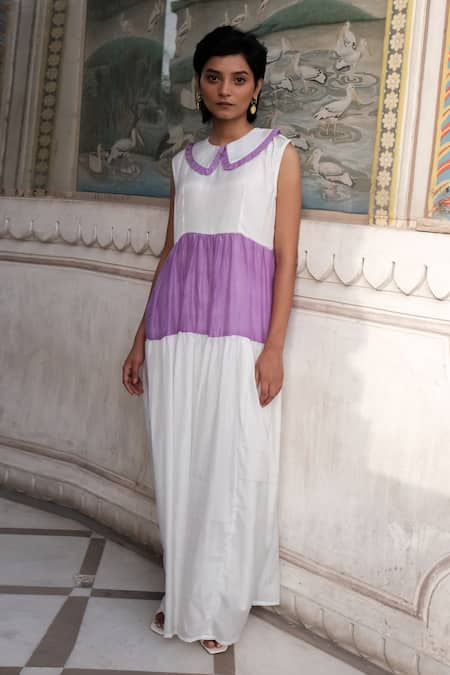 Khajoor Studio Purple Cupro Silk Peter Pan Collar Color Blocked Tiered Maxi Dress 