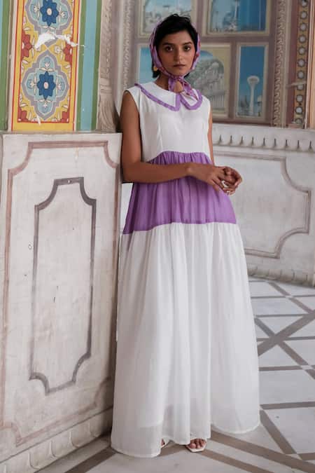 Shop Khajoor Studio Purple Silk Collared Color Blocked Tiered Maxi Dress at Aza Fashions Shop_Khajoor Studio_Purple Silk Collared Color Blocked Tiered Maxi Dress _at_Aza_Fashions