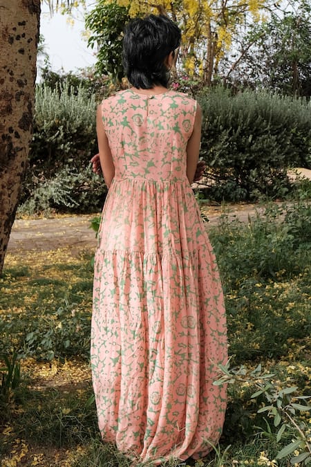 Shop Khajoor Studio Pink Embroidery Collared Floral Print Long Tiered Dress at Aza Fashions Shop_Khajoor Studio_Pink Embroidery Collared Floral Print Long Tiered Dress _at_Aza_Fashions