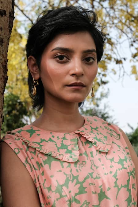 Khajoor Studio Pink Embroidery Collared Floral Print Long Tiered Dress Online at Aza Fashions Khajoor Studio_Pink Embroidery Collared Floral Print Long Tiered Dress _Online_at_Aza_Fashions