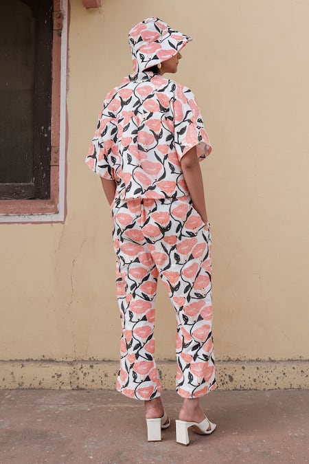 Shop Khajoor Studio White Silk Collared Floral Print Shirt And Trouser Set at Aza Fashions Shop_Khajoor Studio_White Silk Collared Floral Print Shirt And Trouser Set _at_Aza_Fashions