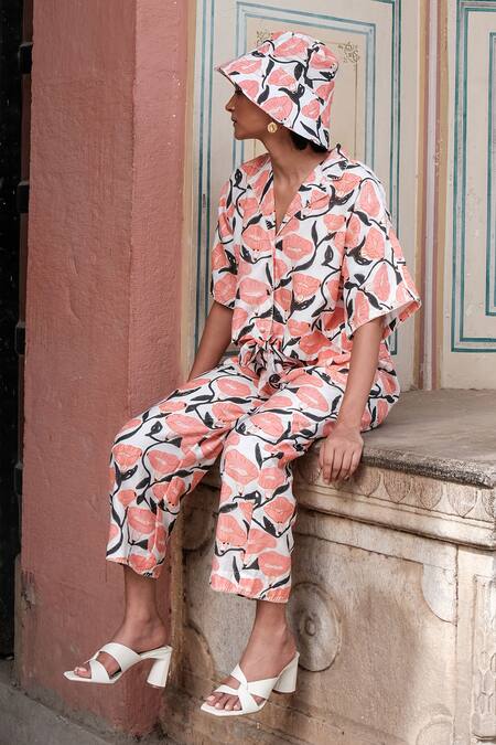 Shop Khajoor Studio White Silk Collared Floral Print Shirt And Trouser Set Online at Aza Fashions Shop_Khajoor Studio_White Silk Collared Floral Print Shirt And Trouser Set _Online_at_Aza_Fashions