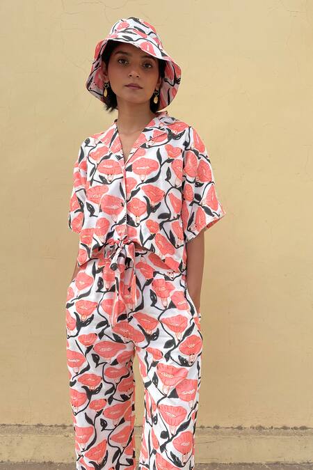 Buy Khajoor Studio White Silk Collared Floral Print Shirt And Trouser Set Buy_Khajoor Studio_White Silk Collared Floral Print Shirt And Trouser Set