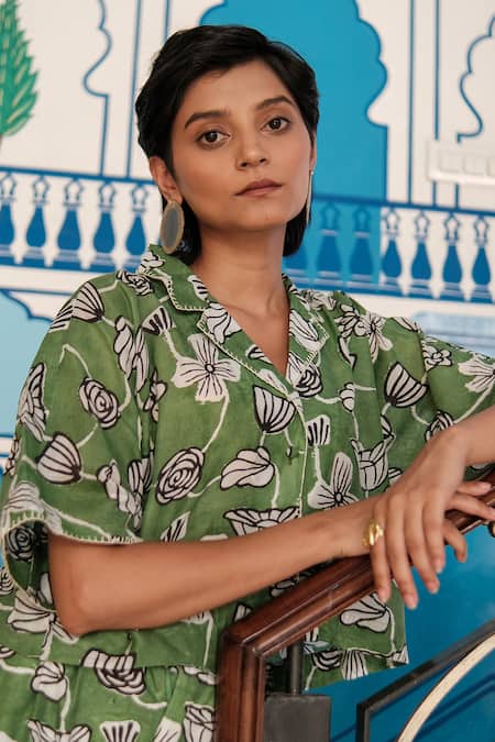 Shop Khajoor Studio White Silk Collared Botanical Print Shirt And Trouser Set Online at Aza Fashions Shop_Khajoor Studio_White Silk Collared Botanical Print Shirt And Trouser Set _Online_at_Aza_Fashions