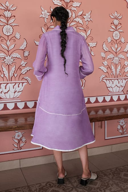 Shop Khajoor Studio Purple Silk Fabric Flowers Collared Crochet Floral Applique Work Dress at Aza Fashions Shop_Khajoor Studio_Purple Silk Fabric Flowers Collared Crochet Floral Applique Work Dress _at_Aza_Fashions