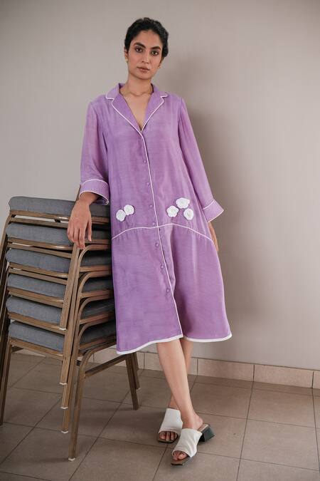 Khajoor Studio Purple Silk Fabric Flowers Collared Crochet Floral Applique Work Dress Online at Aza Fashions Khajoor Studio_Purple Silk Fabric Flowers Collared Crochet Floral Applique Work Dress _Online_at_Aza_Fashions