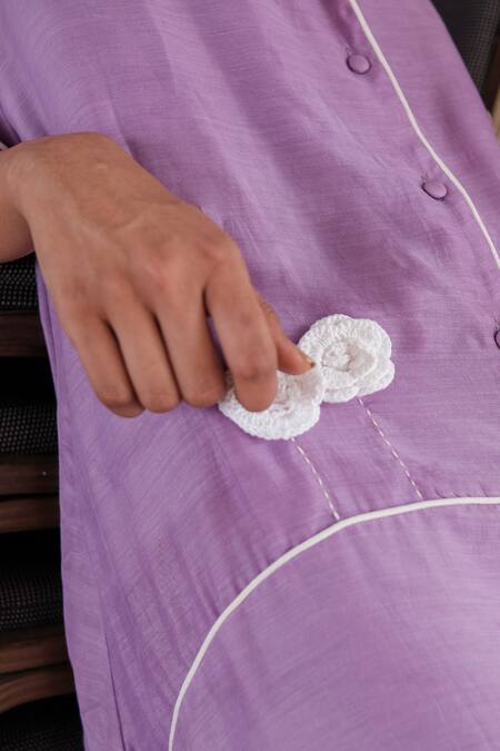 Shop Khajoor Studio Purple Silk Fabric Flowers Collared Crochet Floral Applique Work Dress Online at Aza Fashions Shop_Khajoor Studio_Purple Silk Fabric Flowers Collared Crochet Floral Applique Work Dress _Online_at_Aza_Fashions