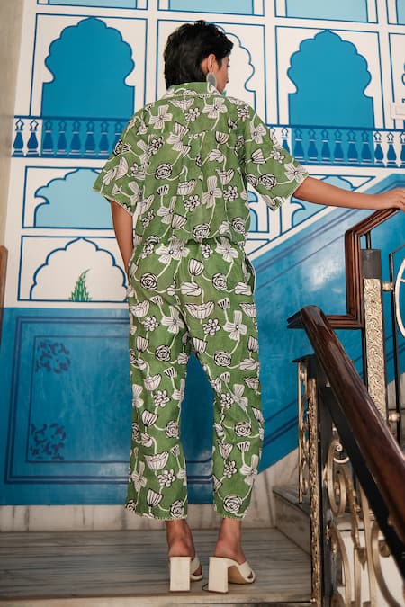 Shop Khajoor Studio Green Cotton, Silk Embroidery Collared Botanical Vine Print Shirt at Aza Fashions Shop_Khajoor Studio_Green Cotton, Silk Embroidery Collared Botanical Vine Print Shirt _at_Aza_Fashions