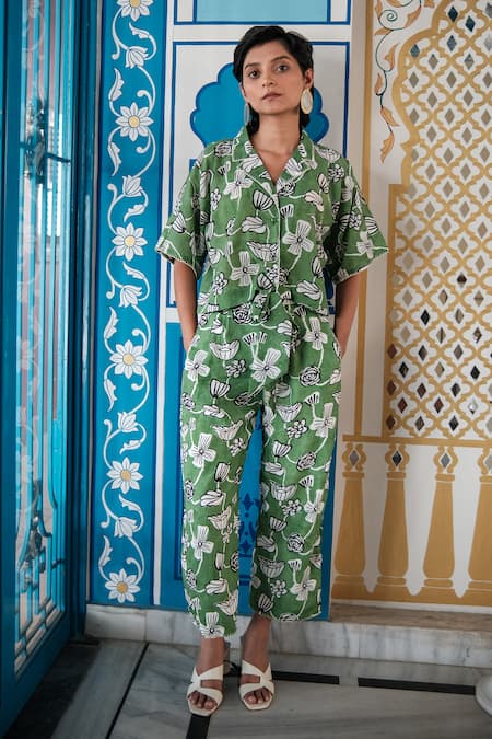 Khajoor Studio Green Cotton, Silk Embroidery Collared Botanical Vine Print Shirt Online at Aza Fashions Khajoor Studio_Green Cotton, Silk Embroidery Collared Botanical Vine Print Shirt _Online_at_Aza_Fashions