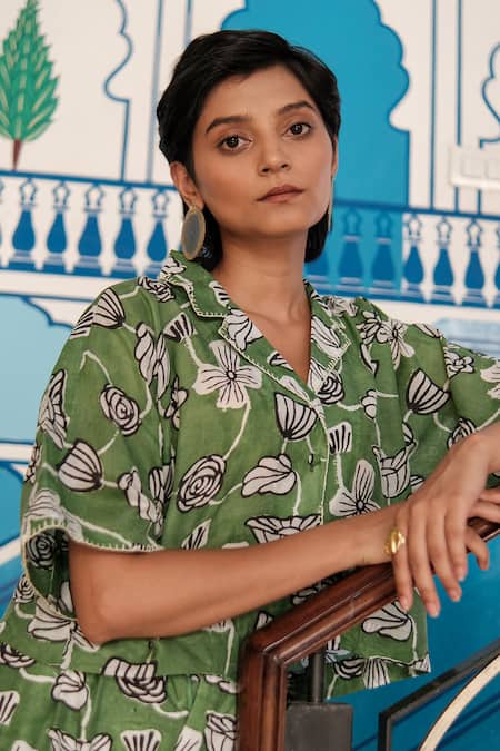 Shop Khajoor Studio Green Cotton, Silk Embroidery Collared Botanical Vine Print Shirt Online at Aza Fashions Shop_Khajoor Studio_Green Cotton, Silk Embroidery Collared Botanical Vine Print Shirt _Online_at_Aza_Fashions