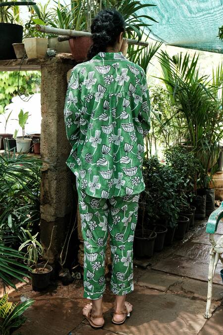 Shop Khajoor Studio Green Collared Boxy Botanical Vine Print Shirt And Trouser Set at Aza Fashions Shop_Khajoor Studio_Green Collared Boxy Botanical Vine Print Shirt And Trouser Set _at_Aza_Fashions