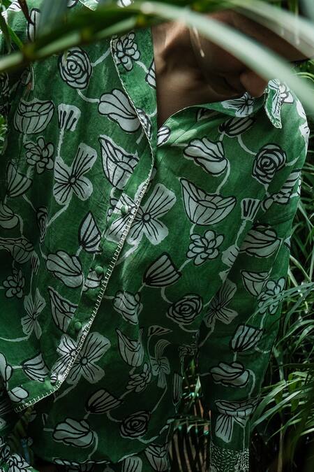 Shop Khajoor Studio Green Collared Boxy Botanical Vine Print Shirt And Trouser Set Online at Aza Fashions Shop_Khajoor Studio_Green Collared Boxy Botanical Vine Print Shirt And Trouser Set _Online_at_Aza_Fashions