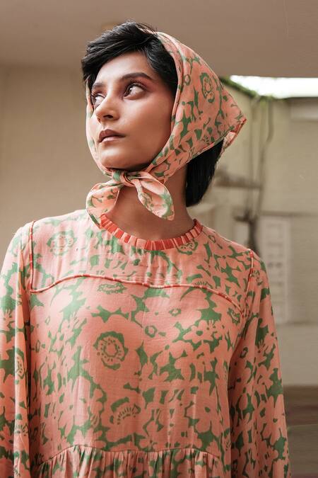 Buy_Khajoor Studio_Pink Silk Round Neck Floral Print Tiered Dress _Online_at_Aza_Fashions