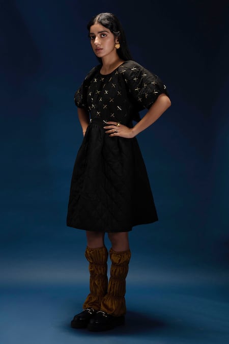 Khajoor Studio Black Linen, Satin Beads Round Neck Baby Quilted Embellished Dress 