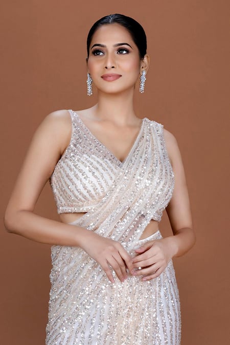 Neeta Lulla_Ivory Tulle Cut Work, Marlowe Stripe Embroidered Pre-stitched Saree With Blouse _Online_at_Aza_Fashions