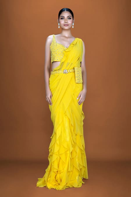 Neeta Lulla Yellow Georgette Embroidery Sequin Abella Ruffle Pre-stitched Saree With Blouse 