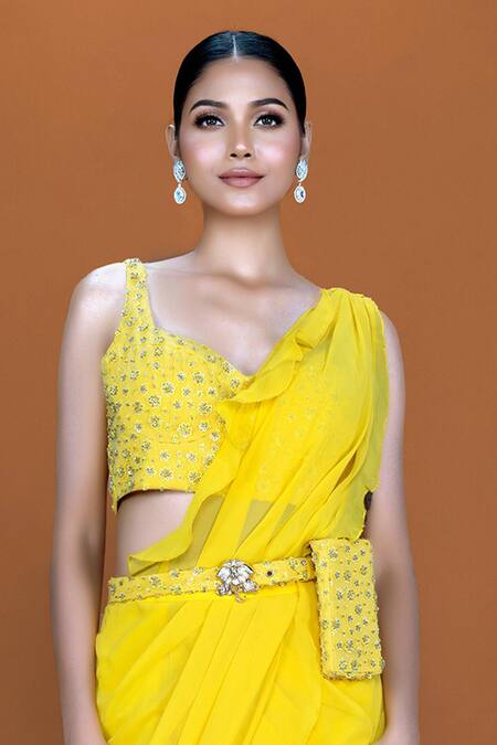 Buy_Neeta Lulla_Yellow Georgette, Tulle Sequins, Abella Ruffle Pre-stitched Saree With Blouse_Online_at_Aza_Fashions