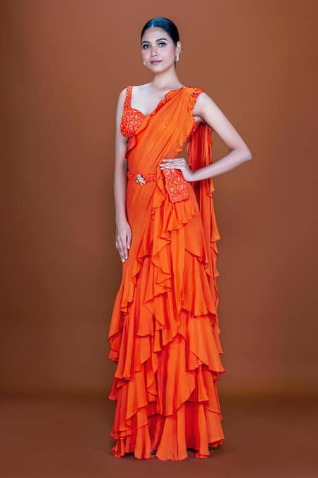 Neeta Lulla Orange Georgette Embroidery Caroline Pre-stitched Ruffle Saree With Blouse 