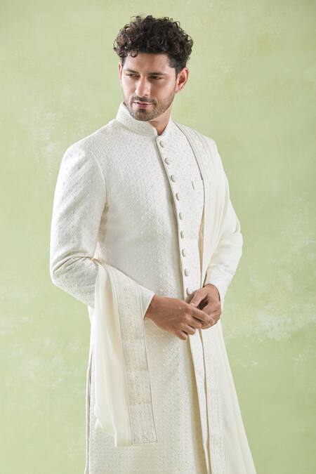 Vanshik_White Silk, Crepe, Georgette Embroidery Floral Butti Sherwani Churidar Set _Online_at_Aza_Fashions