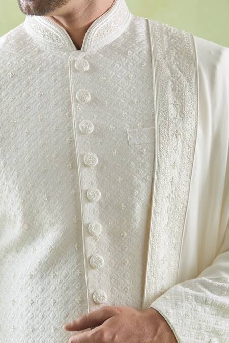Buy_Vanshik_White Silk, Crepe, Georgette Embroidery Floral Butti Sherwani Churidar Set _Online_at_Aza_Fashions