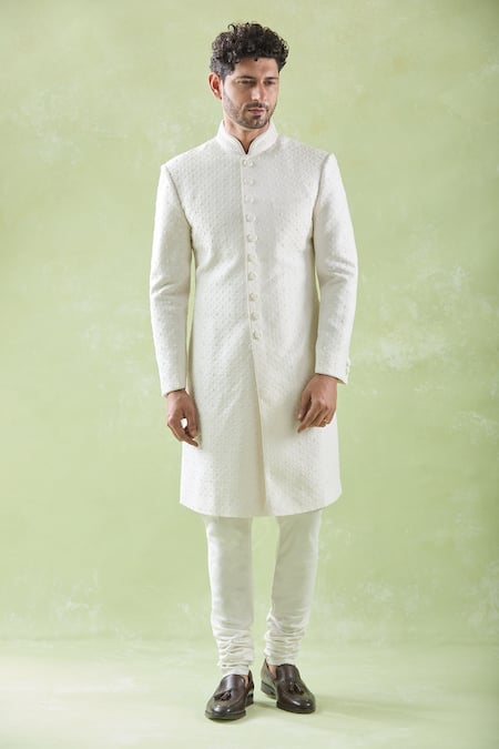 Shop_Vanshik_White Silk, Crepe, Georgette Embroidery Floral Butti Sherwani Churidar Set _Online_at_Aza_Fashions